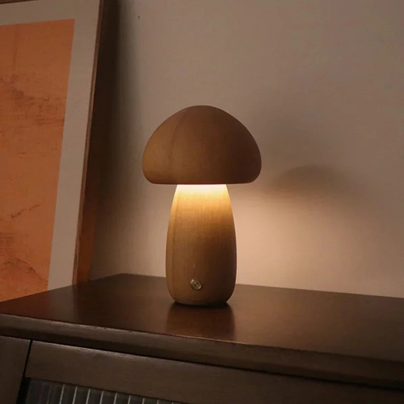 Wooden Mushroom Night Light — Touch-Control Soft Glow
