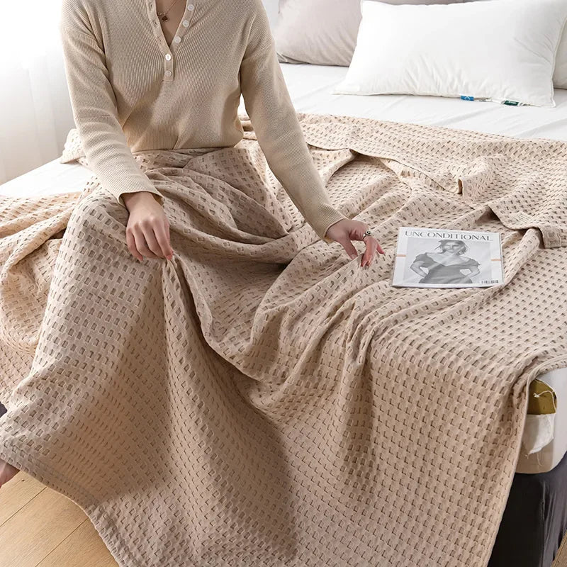 Waffle Cotton Bed Throw — Lightweight Comfort Blanket