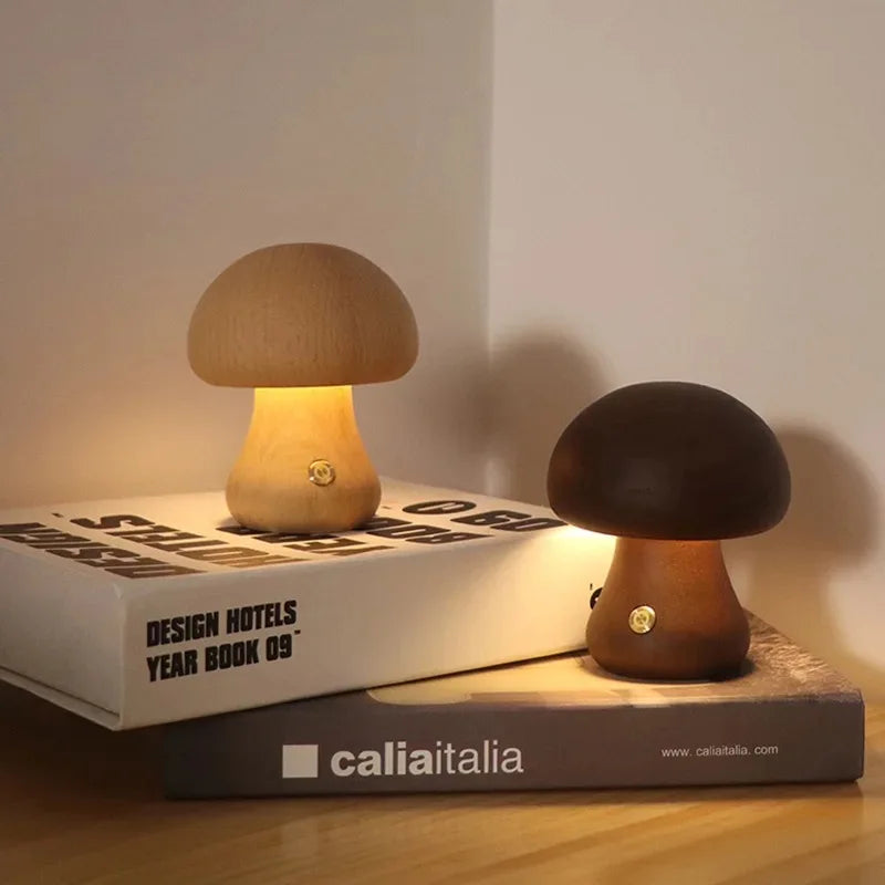 Wooden Mushroom Night Light — Touch-Control Soft Glow