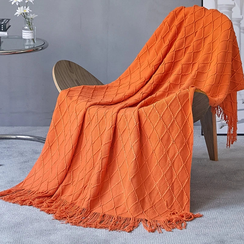 Knitted Tassel Blanket — Soft Acrylic Cozy All-Season Throw