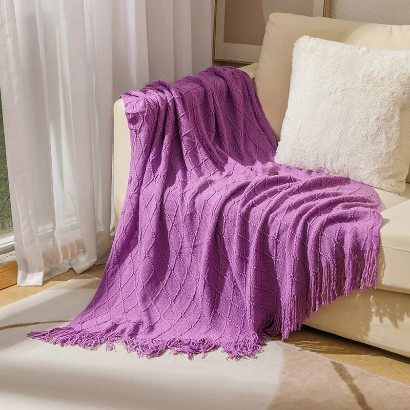 Knitted Tassel Blanket — Soft Acrylic Cozy All-Season Throw