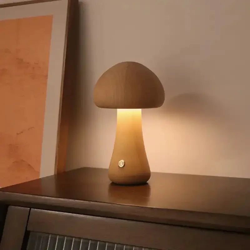 Wooden Mushroom Night Light — Touch-Control Soft Glow
