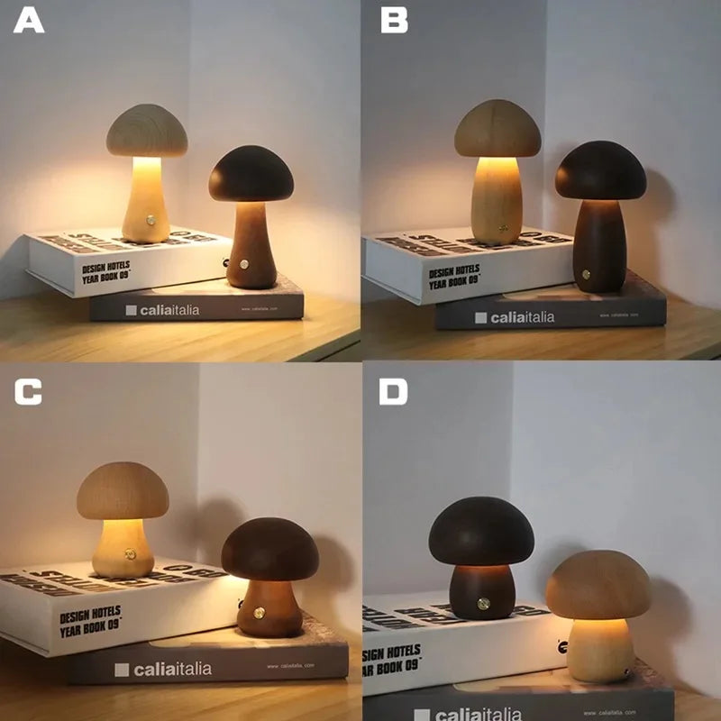 Wooden Mushroom Night Light — Touch-Control Soft Glow