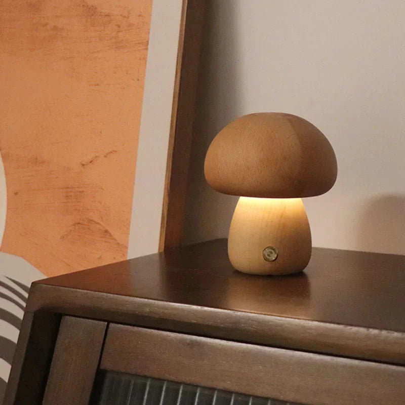 Wooden Mushroom Night Light — Touch-Control Soft Glow
